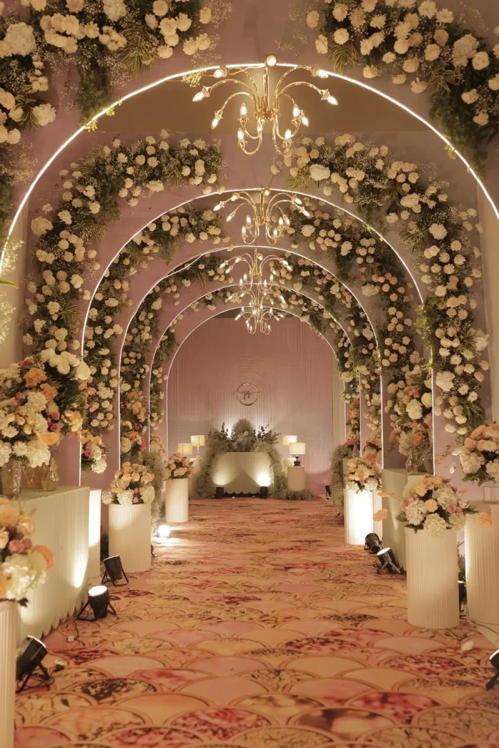 Walkway of floral arches at a wedding